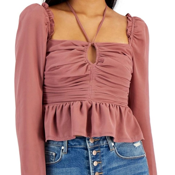Astr Tops - Astr the Label Toni Ruched Peplum Halter Tie Blouse in Dusty Rose